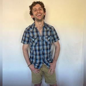 blue plaid button-up